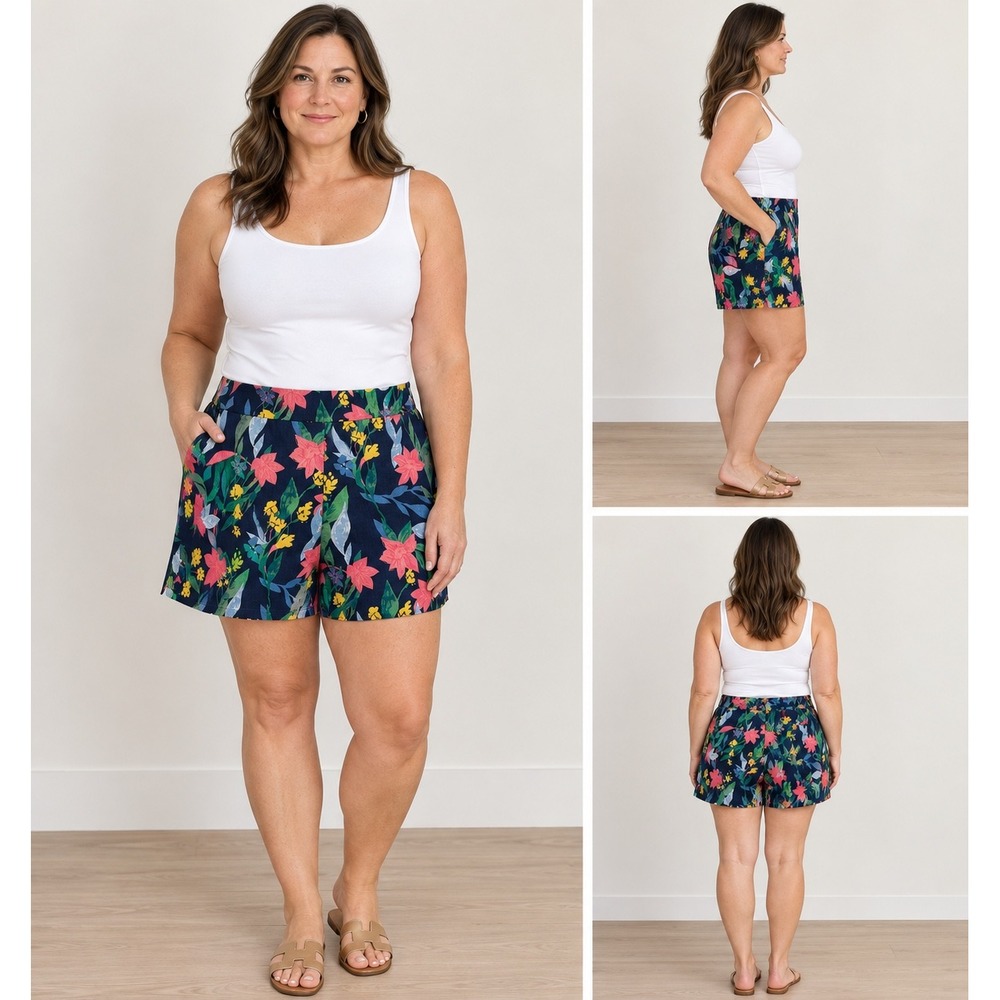 Sz 12 J.Crew Floral Side pockets Zip Shorts Navy Blue Pink Tropical Cotton AL597